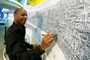 Stephen Wiltshire, autista londrino famoso por sua memória fotográfica. Após sobrevoar uma cidade, observa detalhes importantes e específicos, desenhando-a e pintando-a posteriormente, em seus mínimos detalhes. 