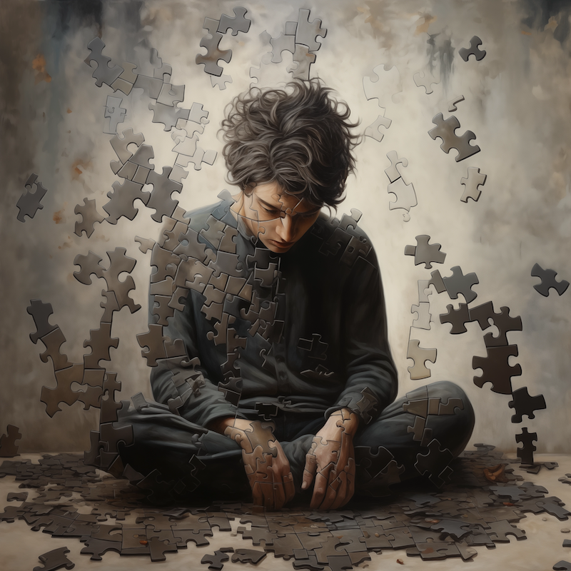 Ilustração de uma pessoa jovem adulta, de pernas cruzar, sentada no chão, rodeada por peças irregulares de quebra-cabeça que se encaixam deixando vãos entre umas e outras. A pessoa veste uma calça e uma camisa de manga longa, ambas em cinza escuro e azulado. Outras peças de quebra-cabeça caem pelo torso e pelo plano de fundo. A ilustração possui um tonalidade bege, amarronzada e acinzentada.